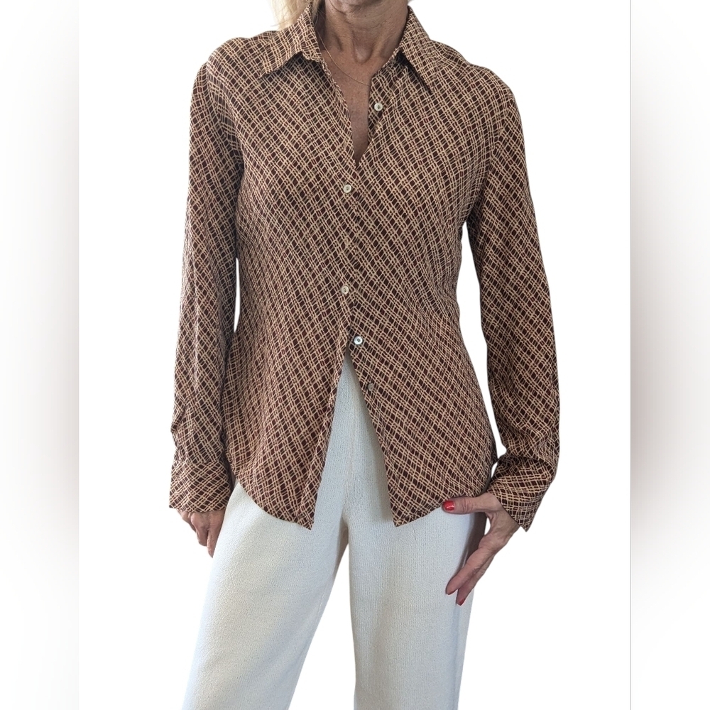 Vintage Y2K Silk Brown Geometric Button Down | Casual Corner Annex Sz 4